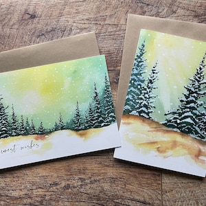 Snowy Pine Trees Holiday Card Set, Christmas Greeting Cards featuring Landscape Watercolor Artwork, Winter Evergreen Forest Snow Scene Art