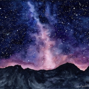 Starry Night Sky Galaxy Watercolor Art Print, Milky Way Over Mountain ...