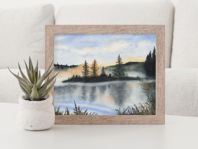 Misty Morning Lake Scene Art Print, Watercolor Landscape Painting ...