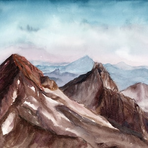 Mountain Landscape Watercolor Art Print based on Painting of PNW Oregon Sisters Mountains, Nature Artwork for Home or Office Wall Decor