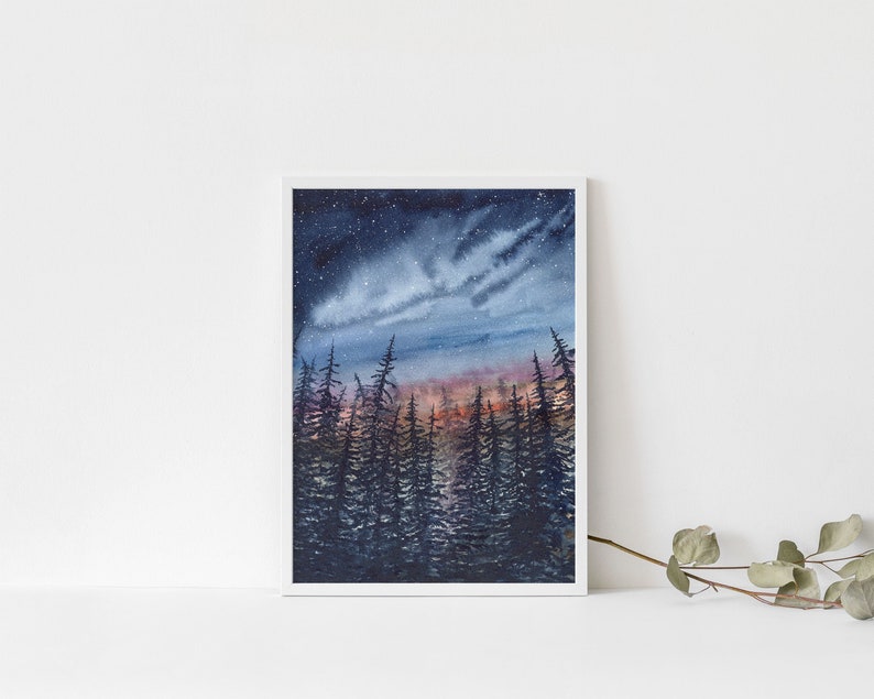 Starry Night Sky Pine Tree Watercolor Art Print, Evergreen Forest at ...