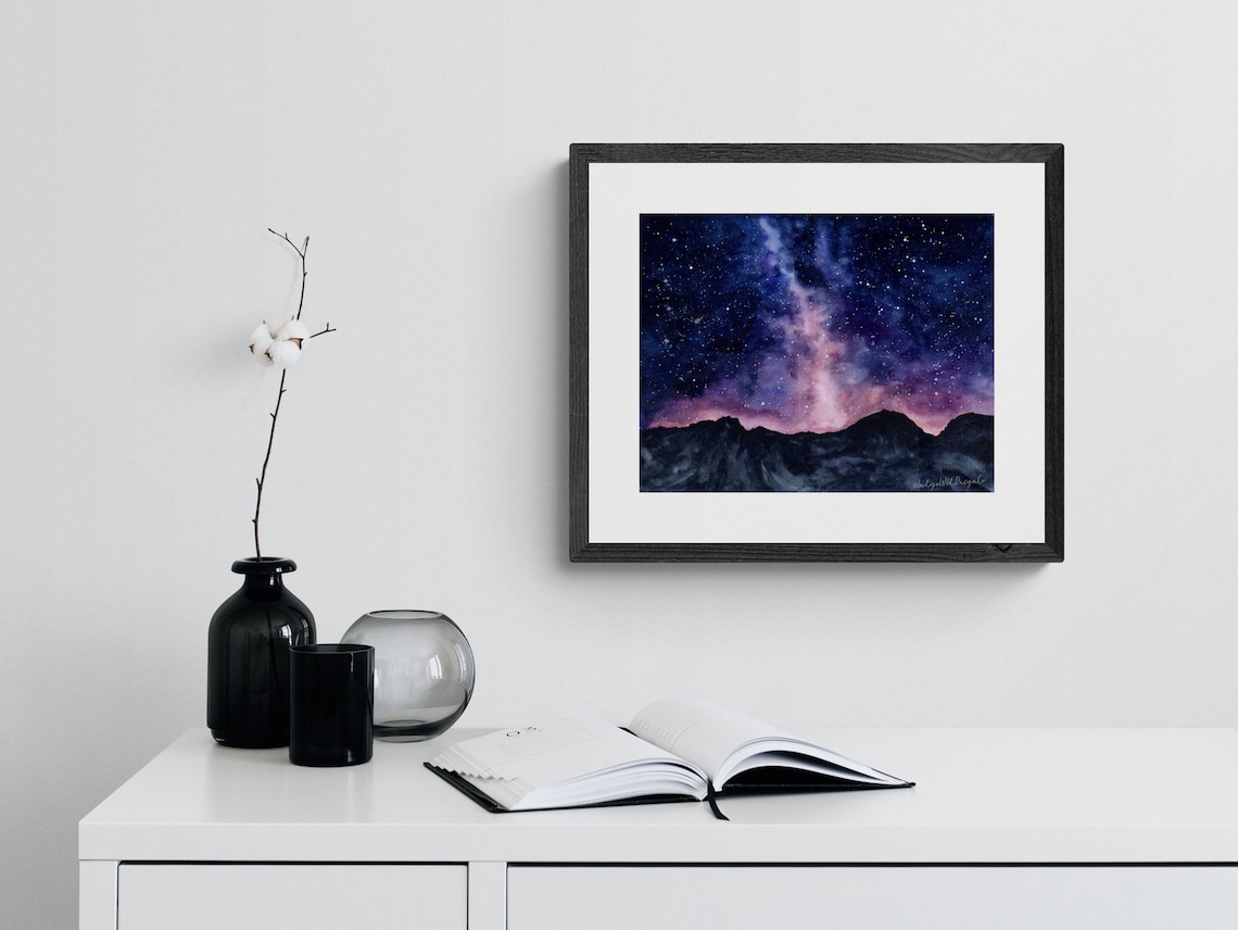 Starry Night Sky Galaxy Watercolor Art Print Milky Way Over - Etsy