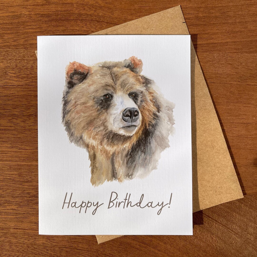 Bear Birthday Greeting Card, Watercolor Art Illustrated Card, Woodland ...
