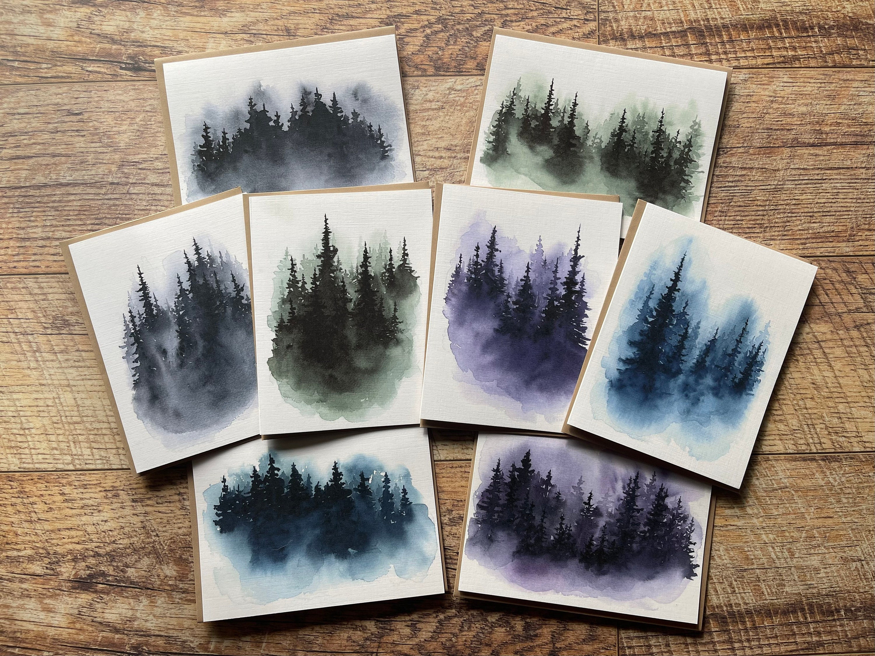 Misty Evergreen Tree Set of 8 Note Cards, All Occasion Blank Greeting ...