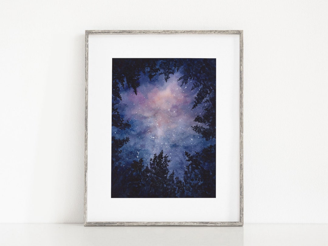 Starry Night Sky Through Pine Trees Watercolor Art Print, Milky Way ...