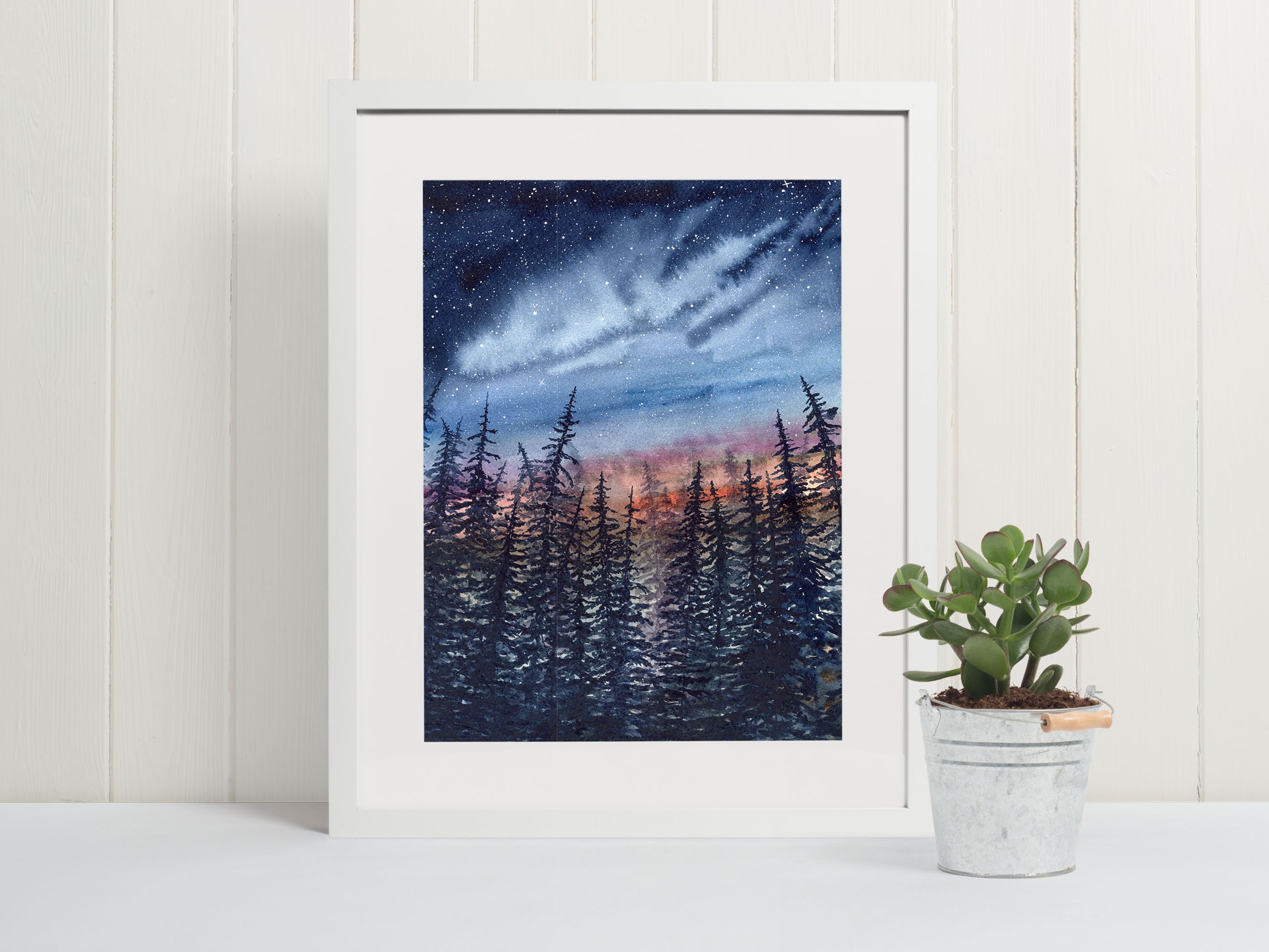 Starry Night Sky Pine Tree Watercolor Art Print, Evergreen Forest at ...