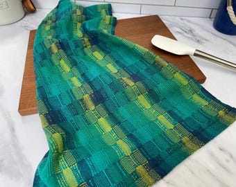 Handwoven 100% Cotton Kitchen Dish Towel, Vibrant Lagoon Circles or Ovals Pattern Tea Towels, Hand Towels for Kitchen or Bath Home Decor