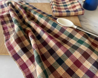 Autumn Harvest Handwoven 100% Cotton Kitchen Dish Towels, Fall Twill Checker Pattern Tea Towels