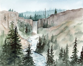 Waterfall Watercolor Art Print, Tumalo Falls Forest Landscape, Pacific Northwest Oregon Peaceful Tree Nature Wall Art, Home or Office Decor