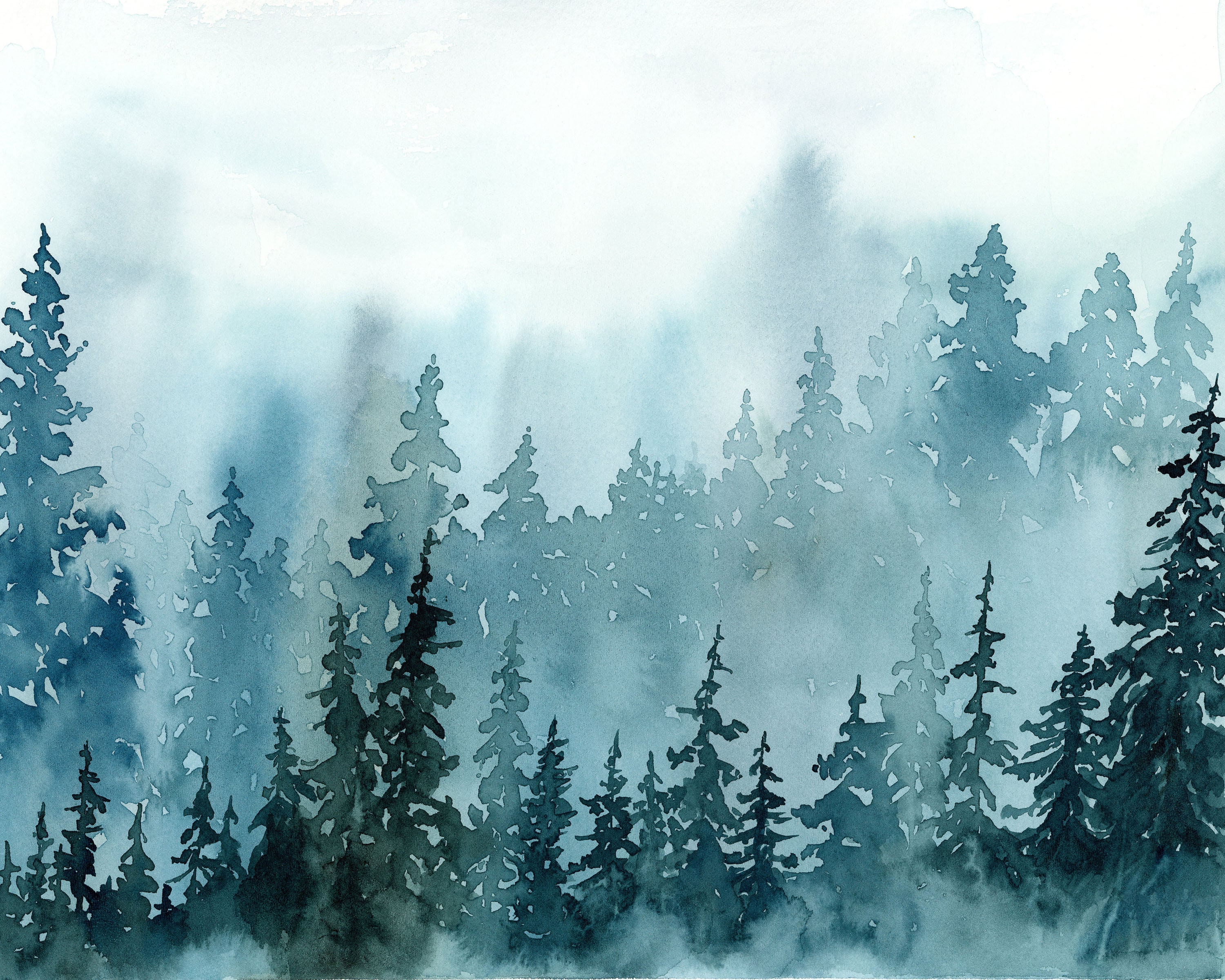 Blue Misty Evergreen Forest Watercolor Art Print, Pine Tree Landscape ...