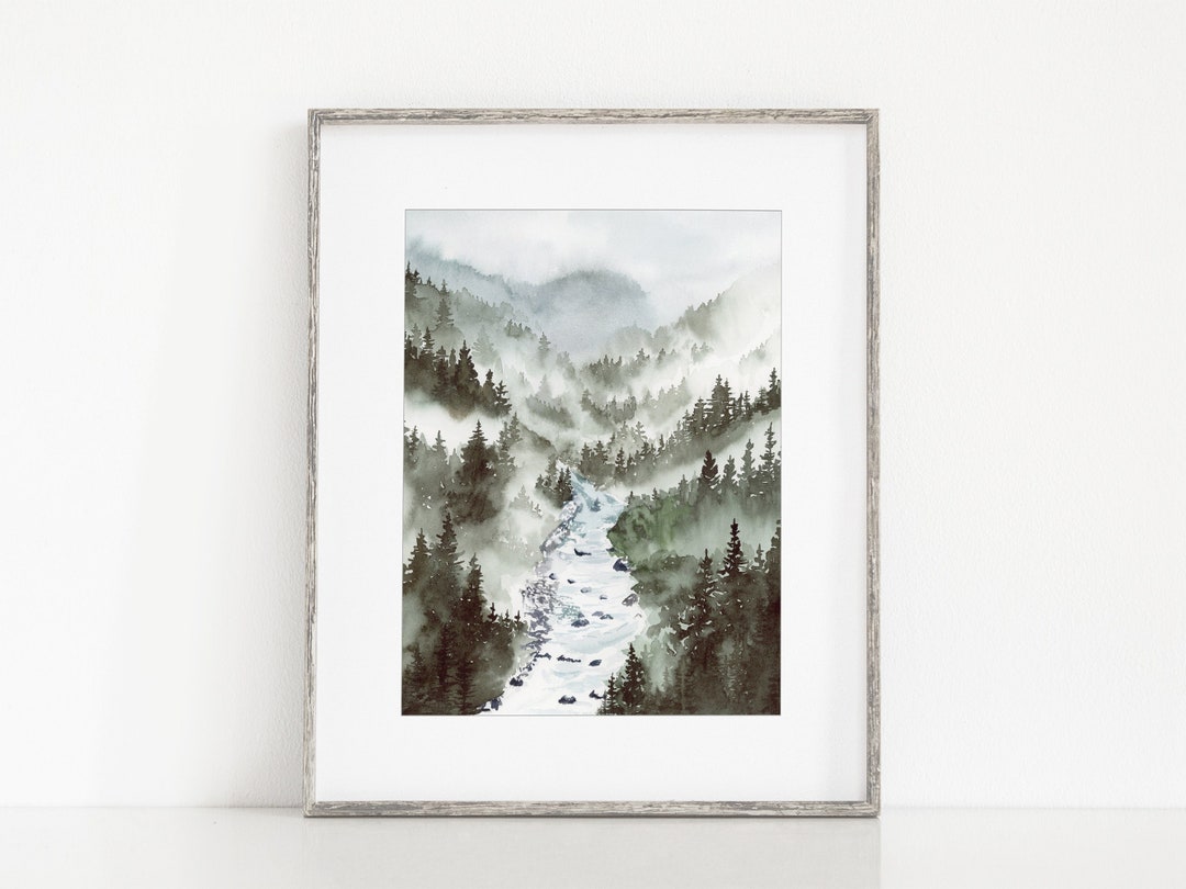 Foggy River Valley Watercolor Art Print, Misty Pine Tree Forest ...