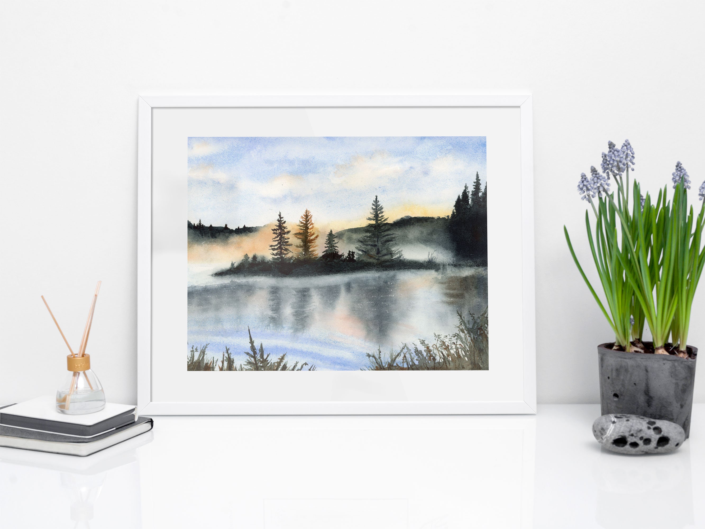 Misty Morning Lake Scene Art Print, Watercolor Landscape Painting ...