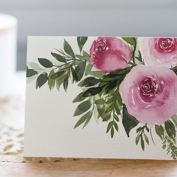 Pink Rose Greeting Card, Watercolor Art Illustrated Notecard, Blank Floral Thank You Card