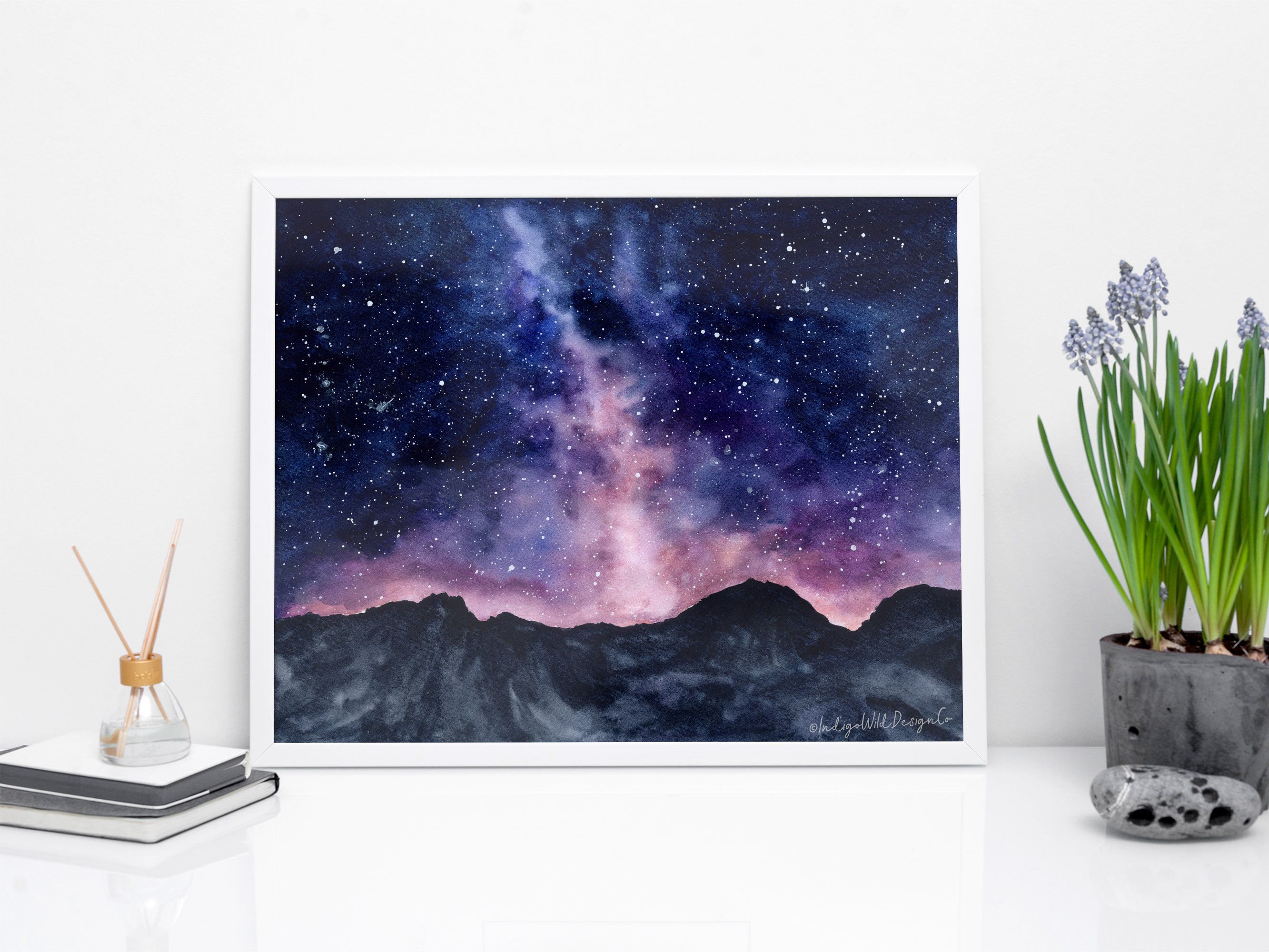 Starry Night Sky Galaxy Watercolor Art Print, Milky Way Over Mountain ...