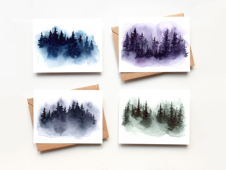 Misty Evergreen Tree Set of 8 Note Cards, All Occasion Blank Greeting ...