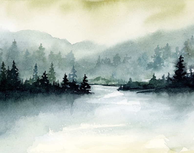 Muted Forest Lake Watercolor Art Print, Soft Pine Trees Evergreen ...