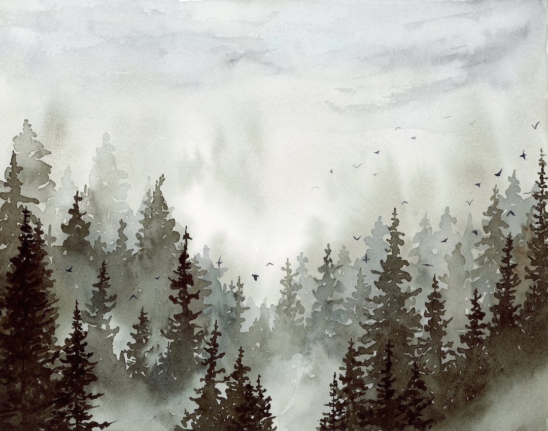 Misty Evergreen Pine Trees Watercolor Art Print, Landscape Painting ...