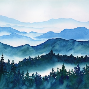 Misty Blue Mountains Watercolor Art Print, Foggy Forest Valley Landscape Painting, Evergreen Pine Trees, Nature Wall Art, Office, Home Decor