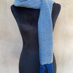 May include: A blue and white patterned scarf with fringe. The scarf is draped over a black mannequin. The scarf has a geometric design and is made of a soft material. The fringe is a darker shade of blue.