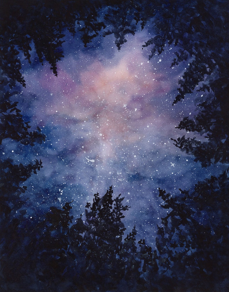 Starry Night Sky Through Pine Trees Watercolor Art Print, Milky Way ...