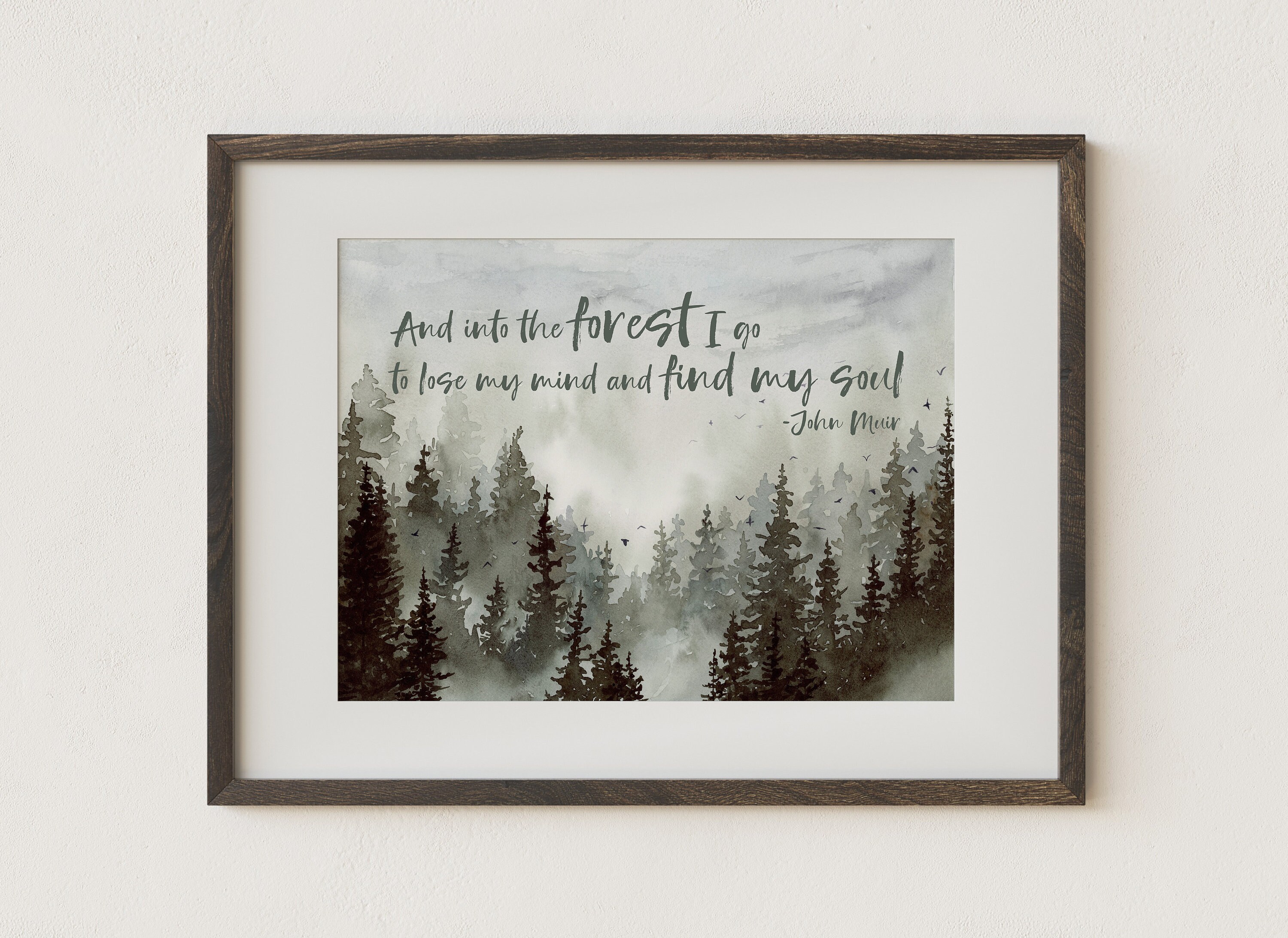 Misty Pine Trees Watercolor Art Print, Foggy Evergreen Forest With John ...
