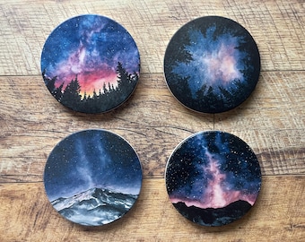 Galaxy Ceramic Coasters, Set of 4 Printed Space Art Coasters from Watercolor Night Sky Artwork, Mountain Trees Housewarming Gift Home Decor