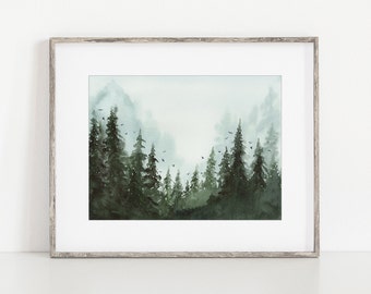 Pine Tree Forest Watercolor Art Print, Misty Evergreen Landscape with Birds, Nature Wall Art Home Decor for Bedroom, Office, Gift
