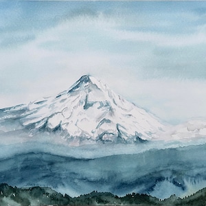 Mt. Hood Watercolor Landscape Art Print, Peaceful Blue Mountain Nature Painting Wall Art, Oregon Pacific Northwest Home / Office Wall Decor