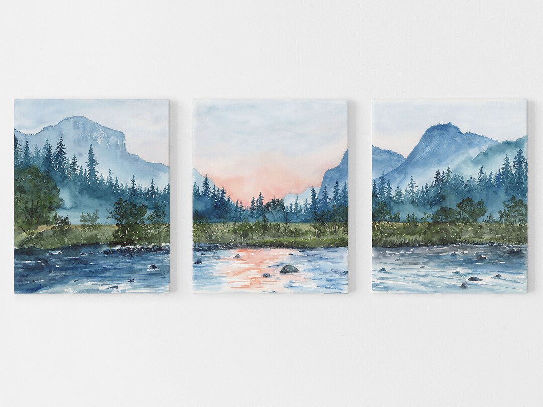 3 Panel Watercolor Art Print Set of Mountain River Yosemite Valley ...
