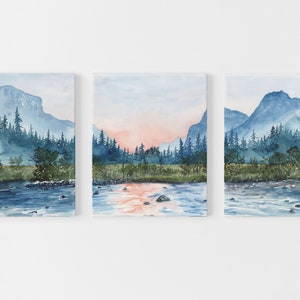 3 Panel Watercolor Art Print Set of Mountain River Yosemite Valley Landscape, Pine Tree Dawn Riverbank Canvas Wall Decor for Nature Lovers