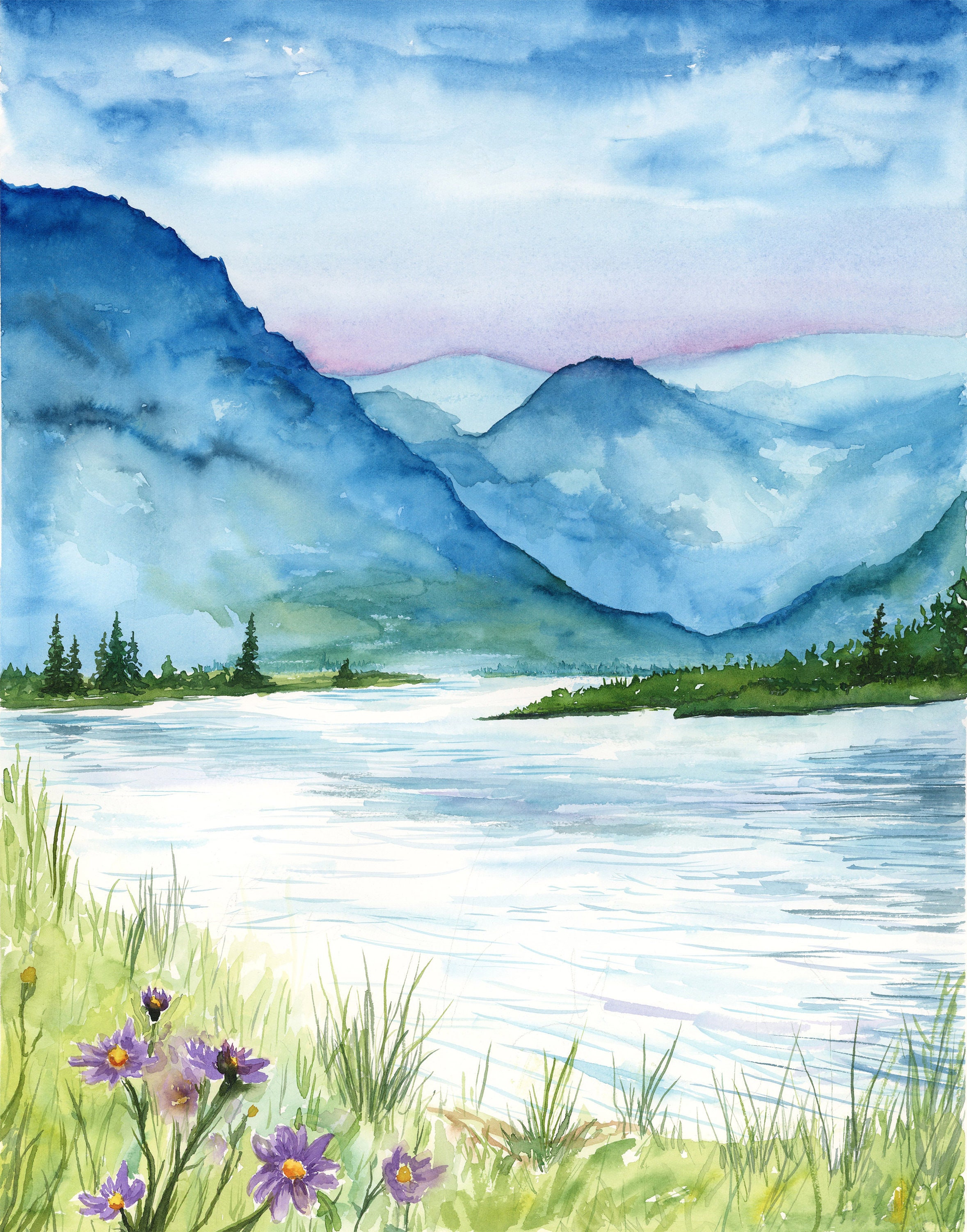 Lakeside Flowers - Watercolor Art Print, Blue Mountain Lake Canvas Wall ...