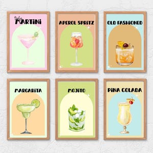 Cocktail Prints | 6 Set | Digital Poster | Cocktail Poster | Martini | Retro Cocktail Art | Margarita| Aperol Spritz | Old Fashioned | Retro