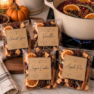 May include: Four clear plastic pouches containing dried fruit, cinnamon sticks, and star anise for a simmer pot. Each pouch has a tan label with the text Fall Simmer Pot and specific scent names: Harvest Spice, Vanilla, Sugar Cookie, and Apple Pie.