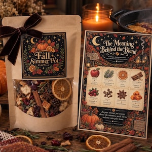 May include: A kraft paper pouch labeled Fall Simmer Pot with a dark brown velvet bow, containing dried orange slices, cinnamon sticks, and spices. Beside it, an informational card titled The Meaning Behind the Blend lists ingredients like apple, rosemary, and clove.