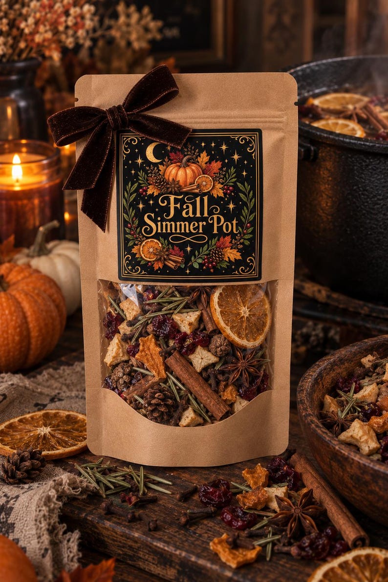 May include: A brown paper pouch containing a Fall Simmer Pot blend, featuring a dark label with the text Fall Simmer Pot, a pumpkin, and foliage. The pouch is tied with a dark brown velvet ribbon and has a clear window revealing dried orange slices, cinnamon sticks, star anise, pinecones, and cranberries.