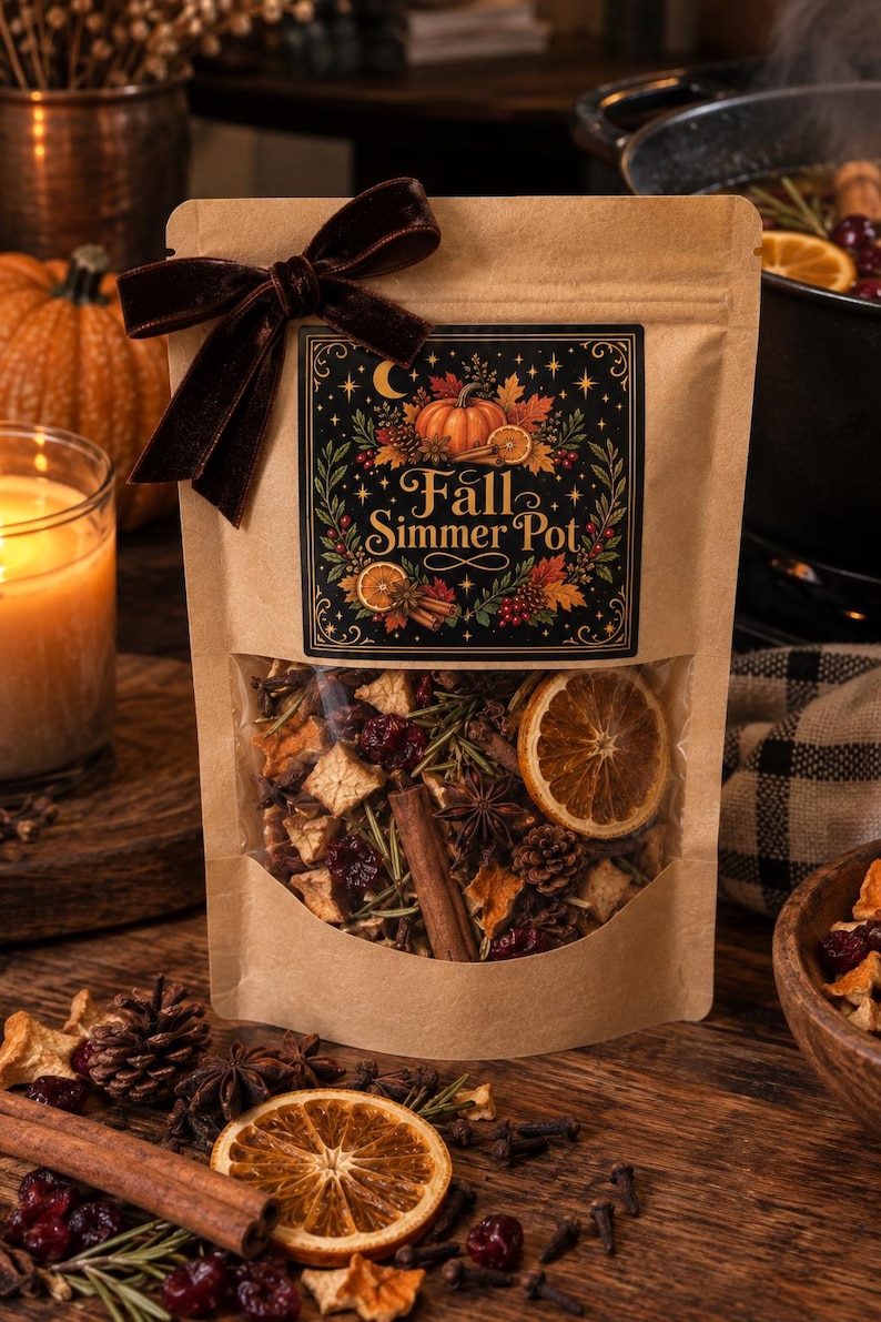May include: A brown paper pouch containing a dried potpourri blend of orange slices, cinnamon sticks, star anise, cranberries, and pinecones. The label features the text Fall Simmer Pot with pumpkin and leaf illustrations, topped with a brown velvet bow.