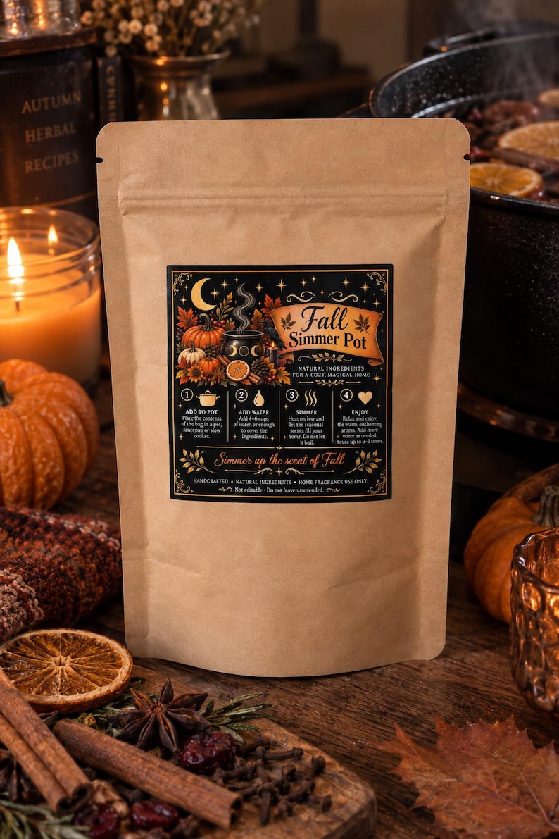 May include: A brown paper pouch featuring a black rectangular label with gold text and illustrations. The label reads Fall Simmer Pot, includes instructions for use, and depicts a cauldron, pumpkins, and stars. The pouch is for home fragrance.