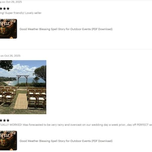 May include: A scenic outdoor wedding ceremony setup with wooden chairs, a woven aisle runner, and an arch overlooking the ocean. The image includes text that reads "Good Weather Blessing Spell Story for Outdoor Events (PDF Download)".