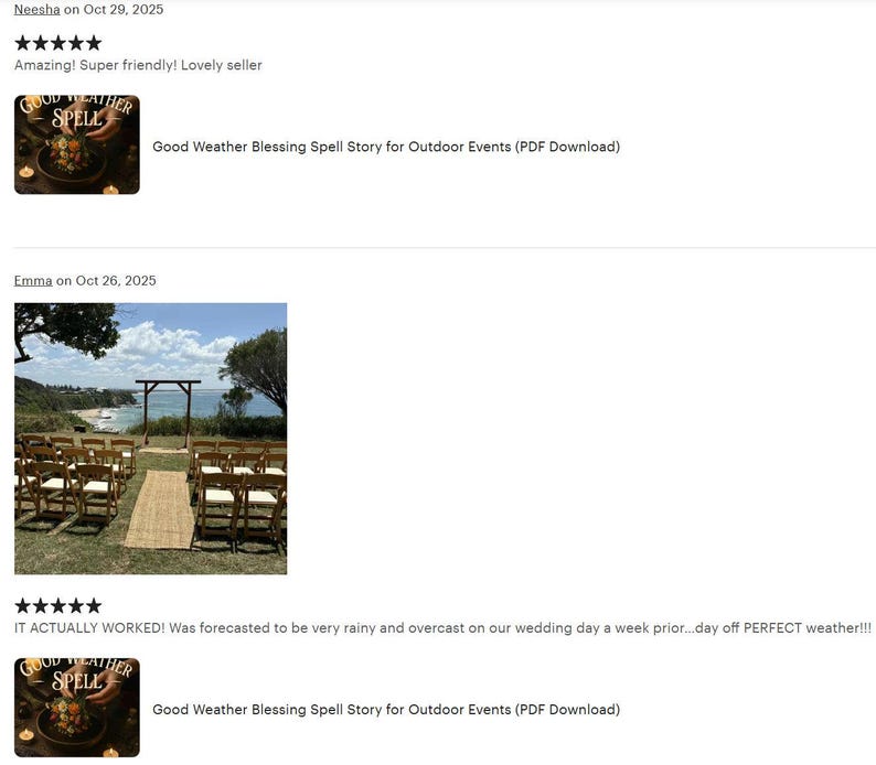 May include: A scenic outdoor wedding ceremony setup with wooden chairs, a woven aisle runner, and an arch overlooking the ocean. The image includes text that reads "Good Weather Blessing Spell Story for Outdoor Events (PDF Download)".