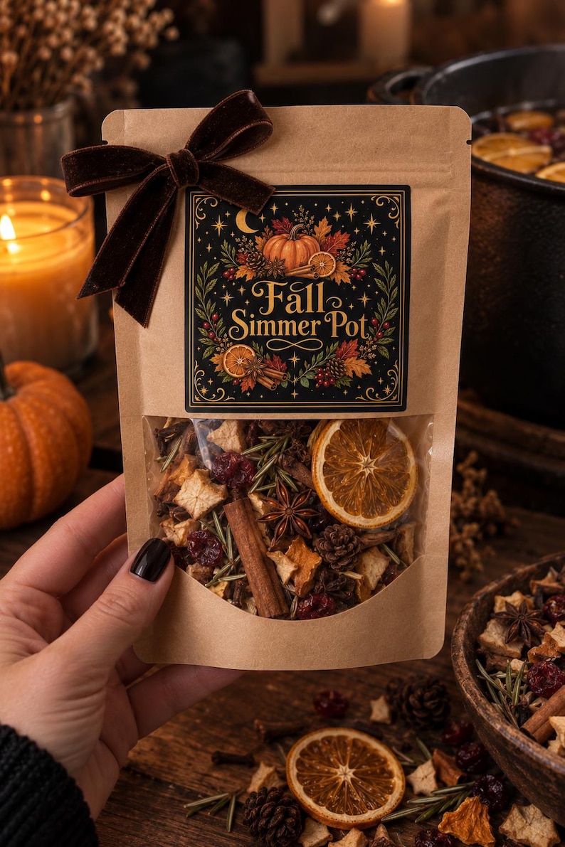 May include: A brown paper pouch containing a fall simmer pot mix, featuring a dark label with the text Fall Simmer Pot, a pumpkin, and autumn leaves. The clear window reveals dried orange slices, cinnamon sticks, star anise, and cranberries.
