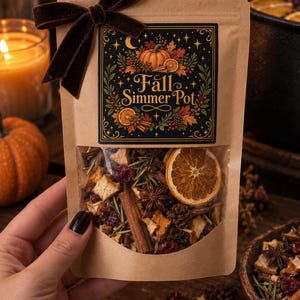 May include: A brown paper pouch containing a fall simmer pot mix, featuring a dark label with the text Fall Simmer Pot, a pumpkin, and autumn leaves. The clear window reveals dried orange slices, cinnamon sticks, star anise, and cranberries.