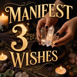 May include: Image with the words "MANIFEST 3 WISHES" in gold lettering. The number 3 is large and centered. A person's hands hold three clear quartz crystals. Lit candles and crystals are scattered around a wooden surface.