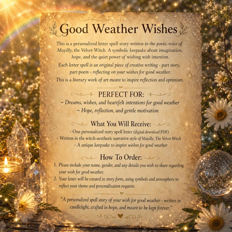 May include: A parchment-style paper with the text "Good Weather Wishes" and detailed instructions. The text describes a personalized letter spell story, perfect for dreams and wishes. The image has a soft, warm aesthetic with floral and crystal accents.