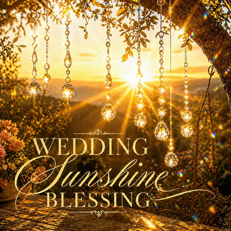 May include: A scenic image featuring hanging crystal ornaments with a warm, golden sunset backdrop. The text "WEDDING Sunshine BLESSING" is displayed in elegant script. The scene evokes a sense of celebration and natural beauty.