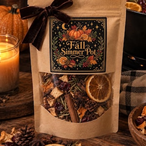 May include: A brown paper pouch containing a dried potpourri blend of orange slices, cinnamon sticks, star anise, cranberries, and pinecones. The label features the text Fall Simmer Pot with pumpkin and leaf illustrations, topped with a brown velvet bow.