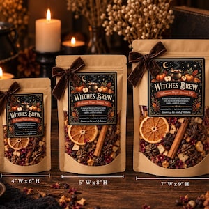 May include: Three kraft paper pouches labeled Witches Brew containing dried orange slices, cinnamon sticks, and star anise. The bags are tied with brown velvet bows. Dimensions are 4 inches by 6 inches, 5 inches by 8 inches, and 7 inches by 9 inches.