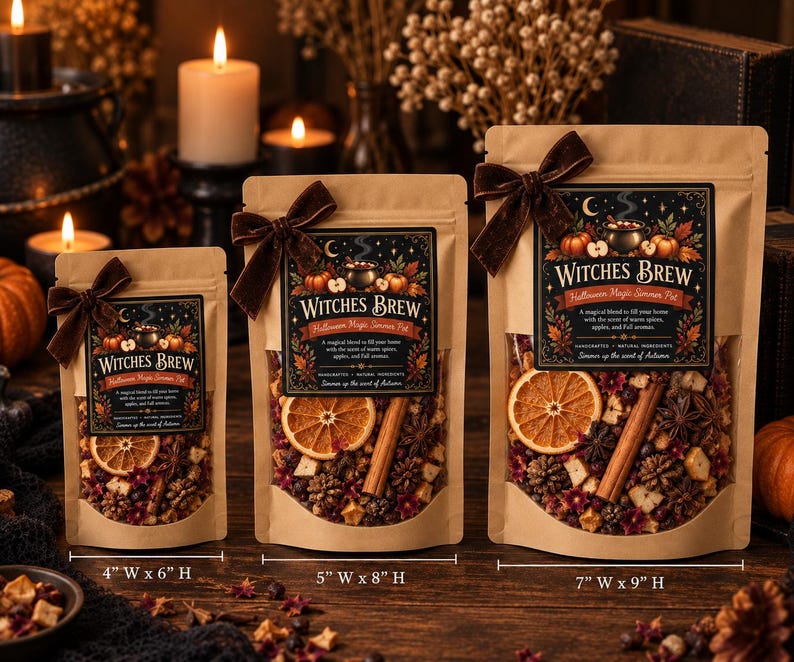 May include: Three kraft paper pouches labeled Witches Brew containing dried orange slices, cinnamon sticks, and star anise. The bags are tied with brown velvet bows. Dimensions are 4 inches by 6 inches, 5 inches by 8 inches, and 7 inches by 9 inches.