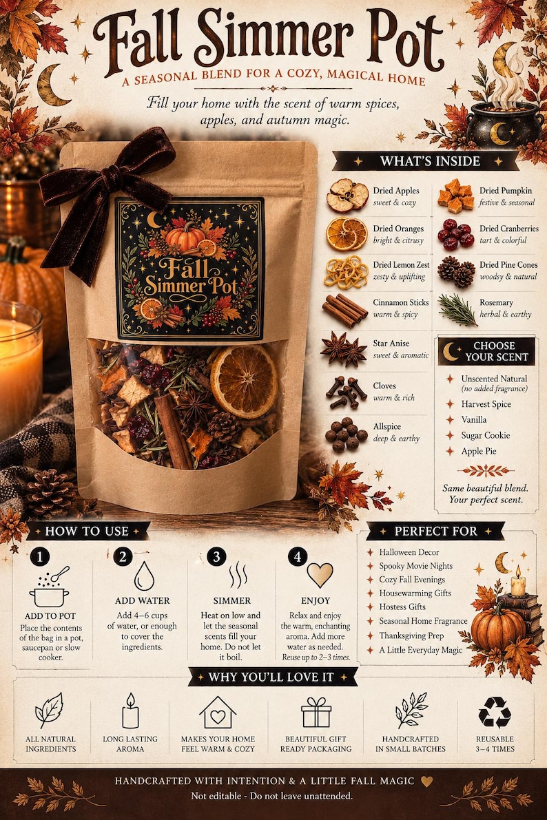 May include: A brown paper pouch labeled Fall Simmer Pot with a dark velvet bow, containing dried apples, oranges, cranberries, pine cones, cinnamon sticks, star anise, cloves, and allspice. The packaging includes instructions and ingredient lists.