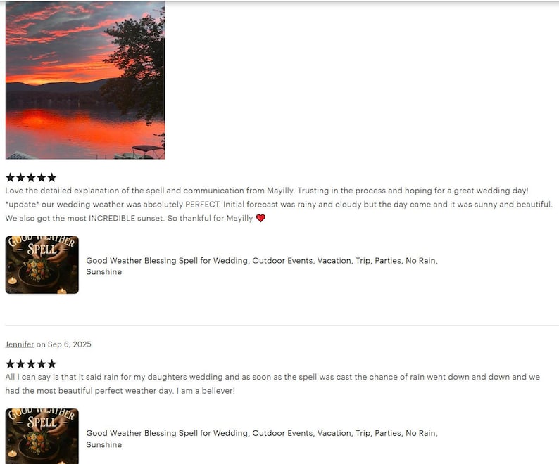 May include: A vibrant sunset over a lake with a silhouette of trees. Text reads, "Good Weather Blessing Spell for Wedding, Outdoor Events, Vacation, Trip, Parties, No Rain, Sunshine." Customer reviews are also included.