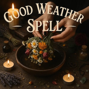 Op de afbeelding: Een houten kom met water, een boeket bloemen en brandende kaarsen zijn gerangschikt op een donker houten oppervlak. De tekst "GOOD WEATHER SPELL" wordt boven de kom weergegeven. De scène roept een mystiek of spiritueel thema op.